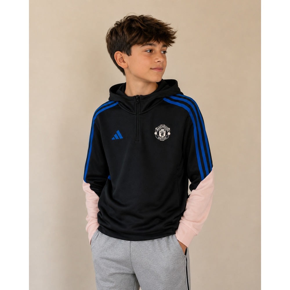 Adidas Manchester United Hoodie Kids Size M (11-12Y) Black Blue Pink 1/4 Zip